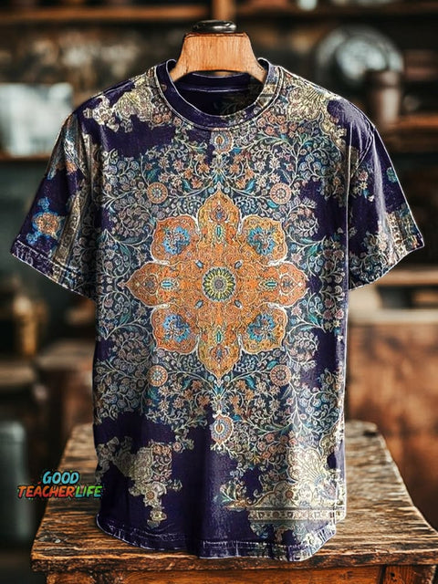 Unisex Retro Abstract Ethnic Mandala Printed Casual Loose Short Sleeve T-Shirt