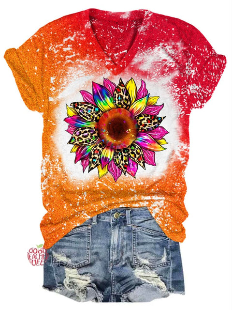 Sunflower Tie Dye Print V Neck T-shirt