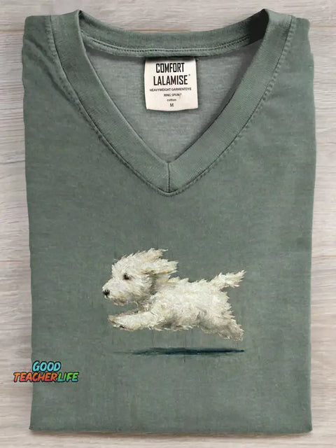 Funny Retro Cute Running White Dog Art Print V-neck Casual T-shirt
