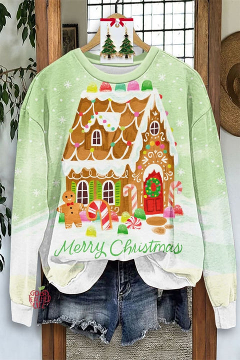 Fresh Christmas Gingerbread House Print Long Sleeve Top