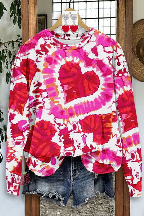 Valentine's Day Tie-Dye Heart Print Sweatshirt