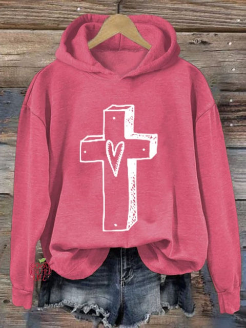 Women'S Retro Faith Cross Printed Hoodie