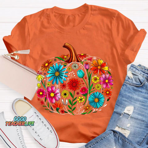 Maestra Pumpkin-Shaped Flowers Bilingual Teacher T-shirt