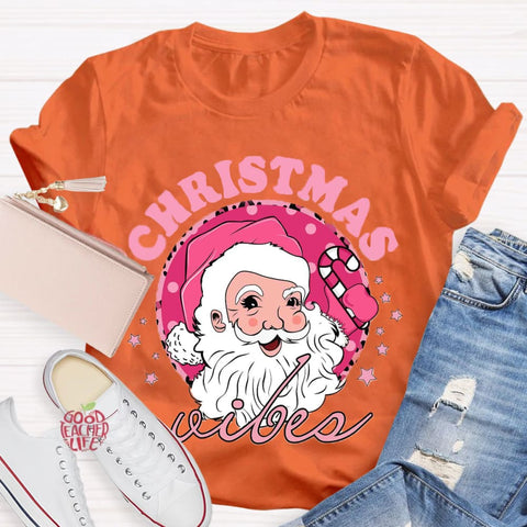 Christmas Vibes Pink Santa Claus T-Shirt