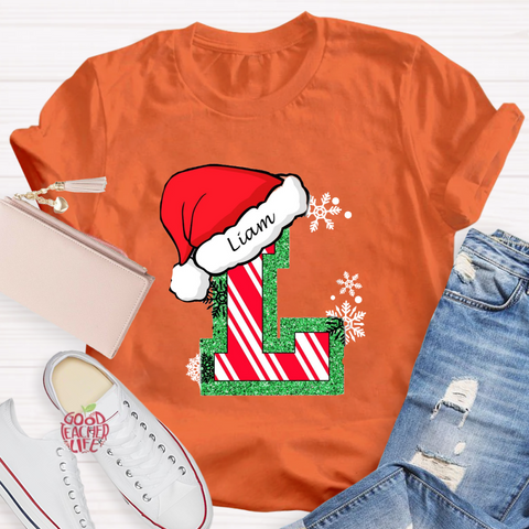 Personalized Name Merry Christmas Santa Holiday Green Red Glitter T-Shirt