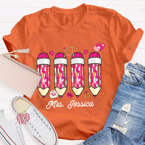 Personalized Name Pink Pencil Teacher T-Shirt