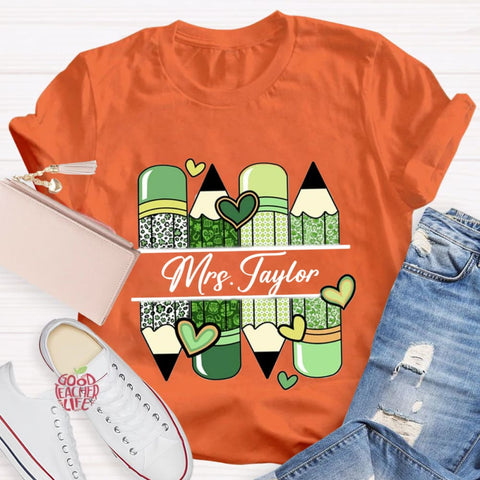 Personalized Name Green Heart Pencil Teacher T-Shirt