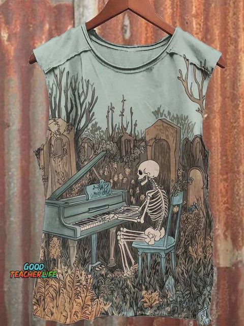 Fantasy Skull Pianist Print Casual Short Sleeve T-Shirt