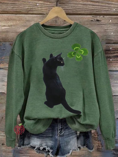 Women's Clover Cat Print Crew Neck Sweatshirt