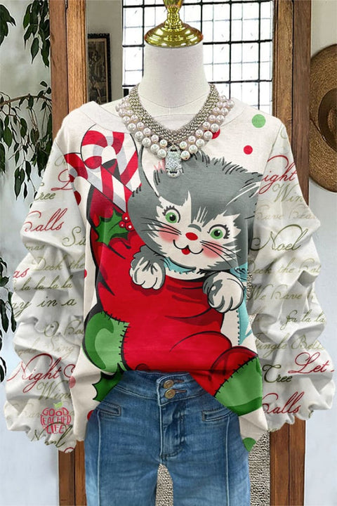 Cute Christmas Cat Print Pleated Top