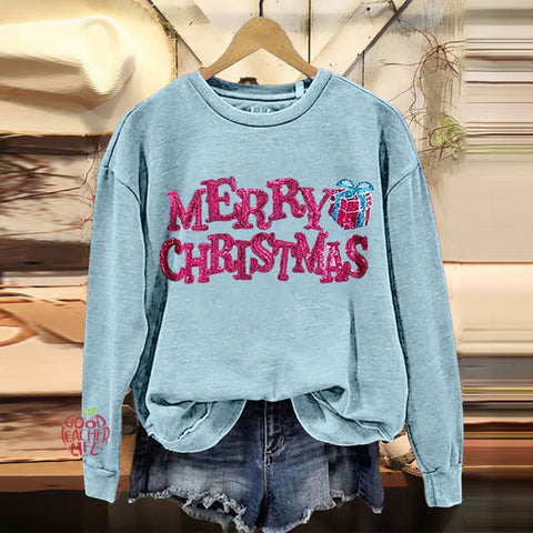 Merry Christmas Embroidered Crew Neck Sweatshirt