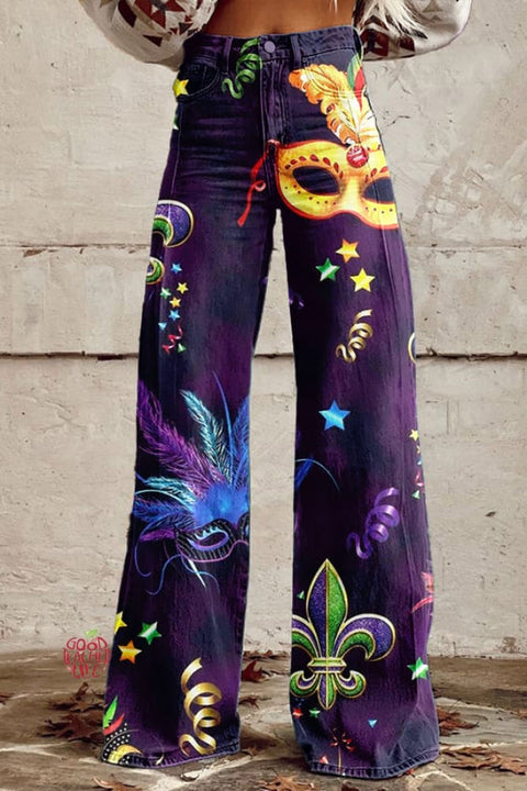 Carnival Mask Feather Wide Leg Pants