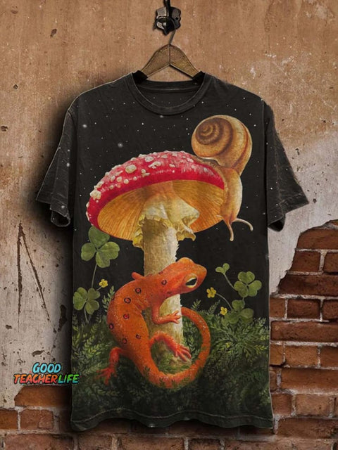 Mushroom Lizard Print Casual Short Sleeve T-Shirt