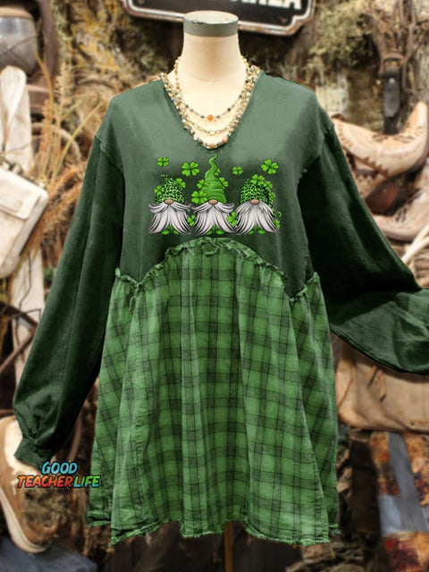 St. Patrick's Day Shamrock Art Print Plaid Stitching Sweatshirt