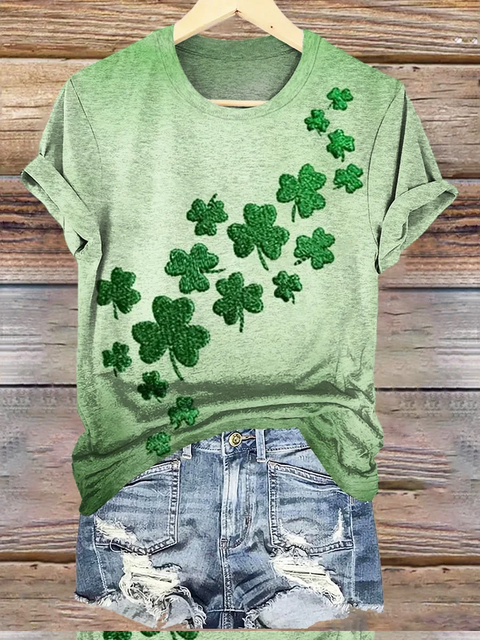 Women's St. Patrick's Day Lucky Clover Pattern Neck-Neck T-Shirt