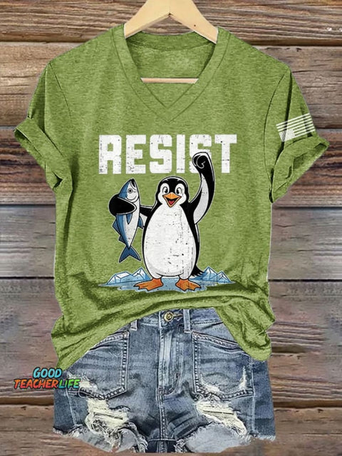 V-Neck Retro Penguins Resist Tariffs Print T-Shirt