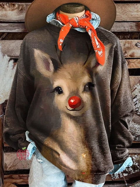 Christmas Elk Print Casual Sweatshirt