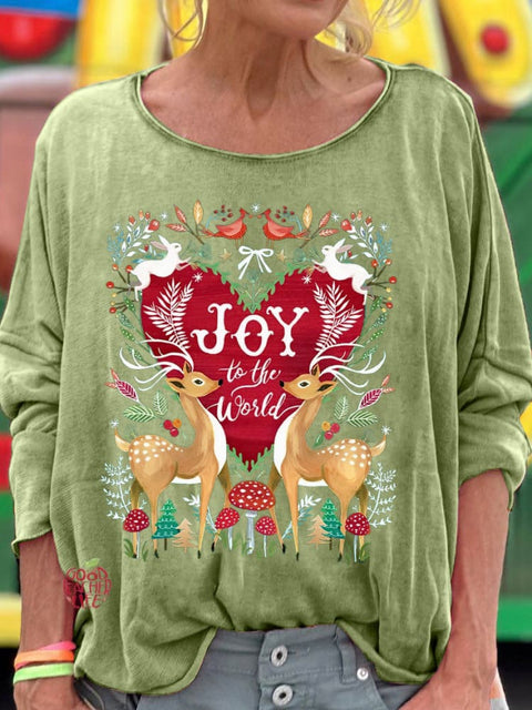 Joy To The World Printed Crew Neck Long Sleeve Women's T-shirt