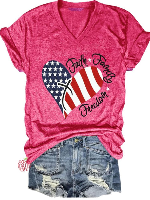 American Flag Print Faith Family Freedom Letter Casual Short Sleeve T-Shirt