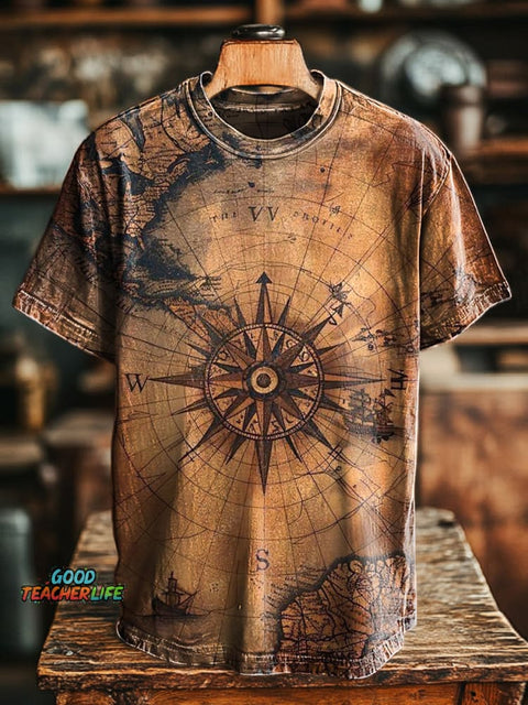 Unisex Retro Compass Print Casual Loose Short Sleeve T-Shirt