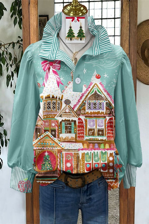 Fresh Christmas Gingerbread House Print Stand Collar Top