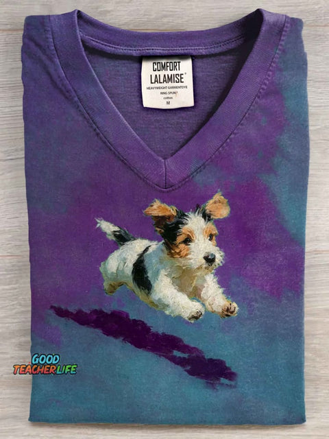 Dog Running In Grass Art V-neck Casual T-shirt