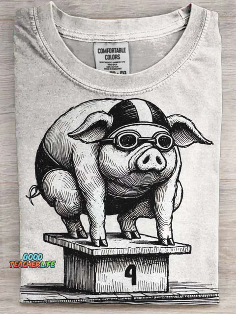 Funny Swimming Pig Print Casual Short Sleeve T-Shirt