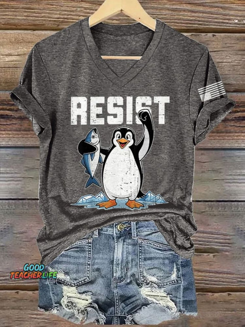 V-Neck Retro Penguins Resist Tariffs Print T-Shirt