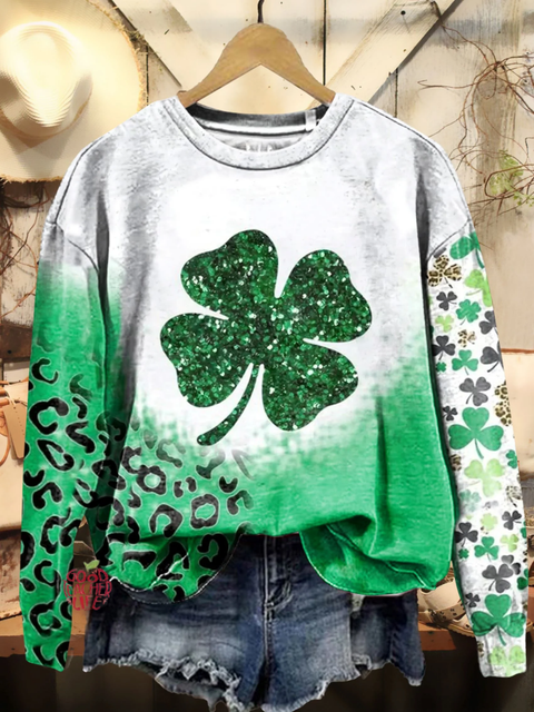 Women's St. Patrick'S Day Retro Lucky Clover Pattern Patterned Sweatshirt