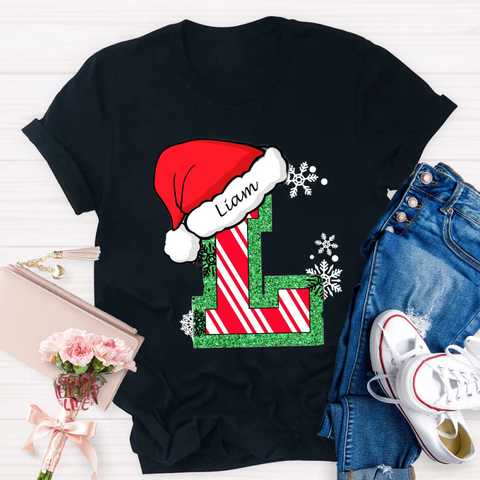 Personalized Name Merry Christmas Santa Holiday Green Red Glitter T-Shirt