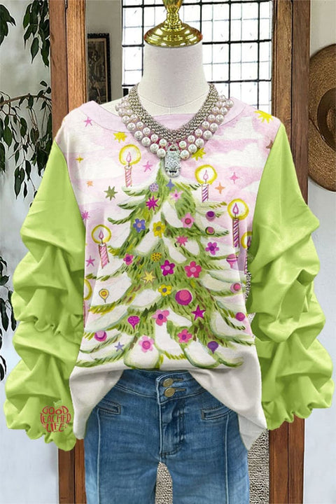 Green Cute Christmas Tree Print Pleated Top