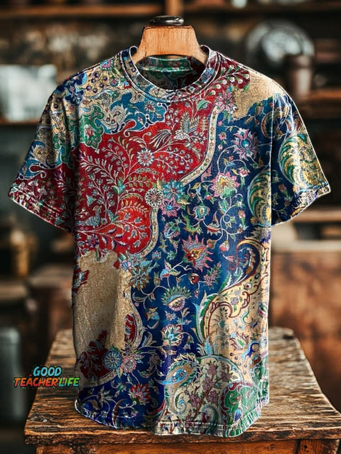 Unisex Retro Floral Splicing Printed Casual Loose Short Sleeve T-Shirt