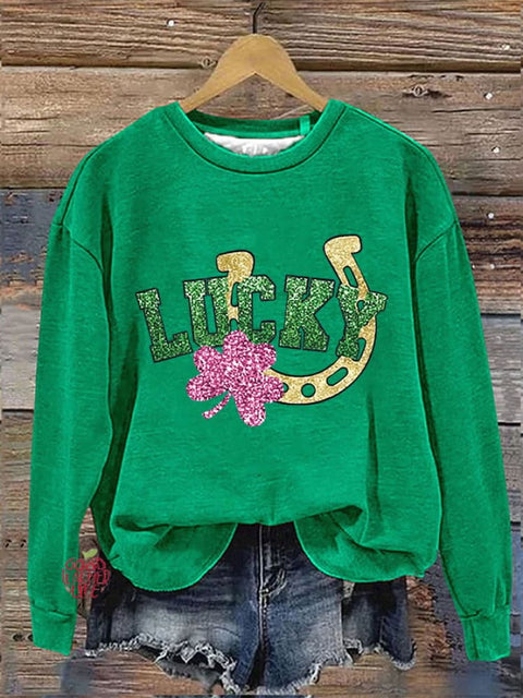 Women's Glitter  St. Patrick's Day Lucky Shamrock Printed Sweatshirt