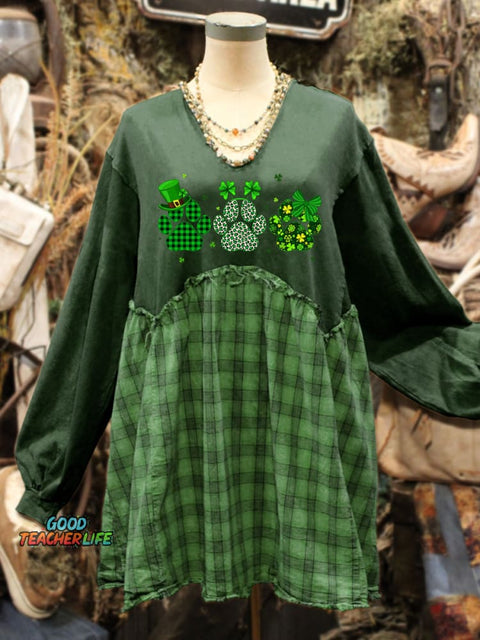St. Patrick's Day Shamrock Art Print Plaid Stitching Sweatshirt