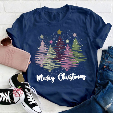 Merry Christmas Colorful Trees Teacher T-Shirt