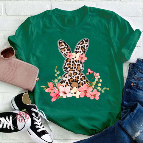 Leopard Floral Bunny Teacher T-Shirt