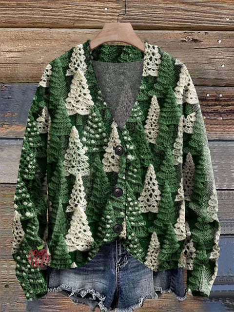 Christmas Tree Green White Print Buttoned V-neck Cardigan Sweater