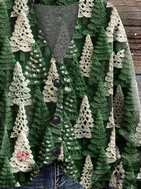 Christmas Tree Green White Print Buttoned V-neck Cardigan Sweater