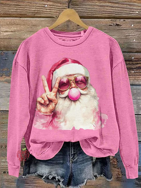 Retro Santa Christmas Blowing Bubble Casual Print Sweatshirt