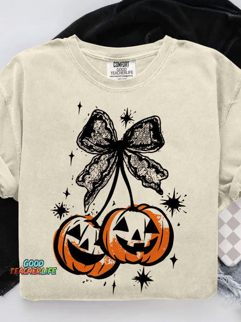 Cherries Pumpkin Season Halloween Casual Print T-shirt