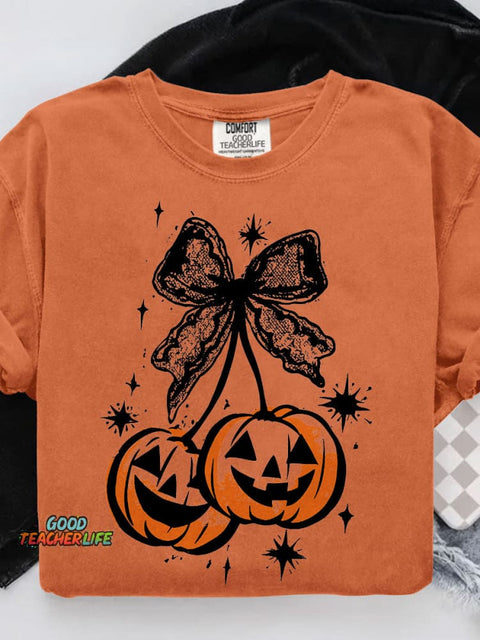 Cherries Pumpkin Season Halloween Casual Print T-shirt