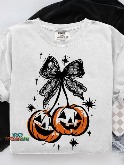 Cherries Pumpkin Season Halloween Casual Print T-shirt