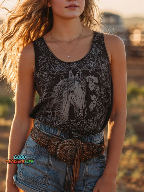 Women's Retro Western Floral Horse Art Print Casual Tank Top