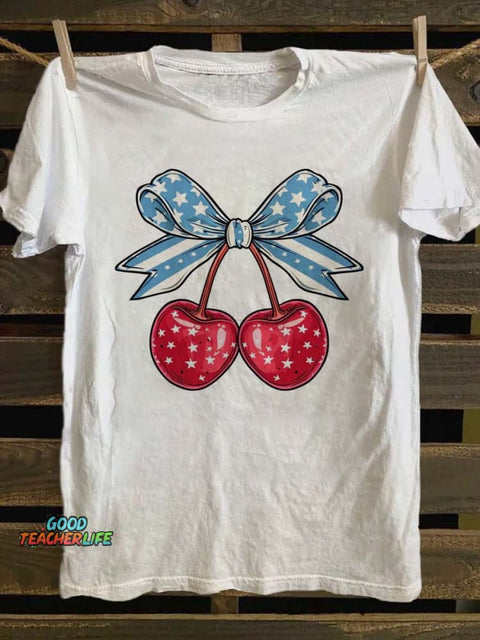 Independence Day Cherry Print Casual Short Sleeve T-Shirt