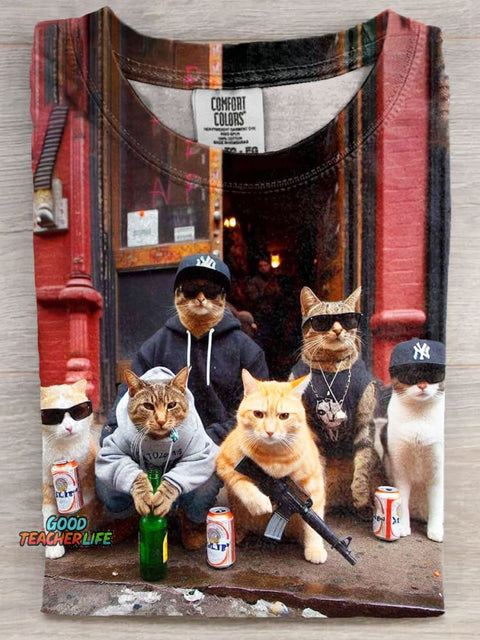 Funny Gangster Cats Art Print Causal Short Sleeve T-shirt