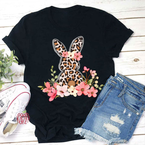 Leopard Floral Bunny Teacher T-Shirt