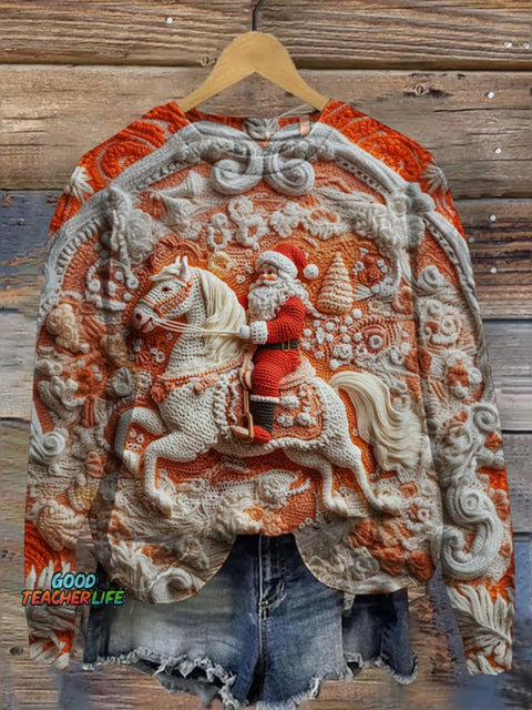 Winter Santa and Horse Art Print Casual Sweatshirt