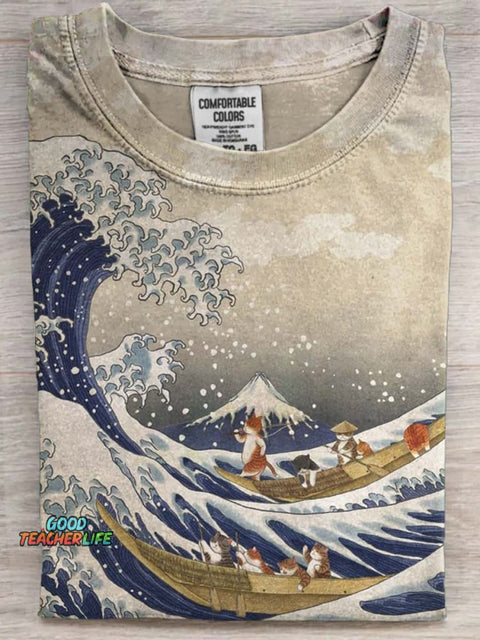 Japanese style cat printed casual short sleeved T-shirt