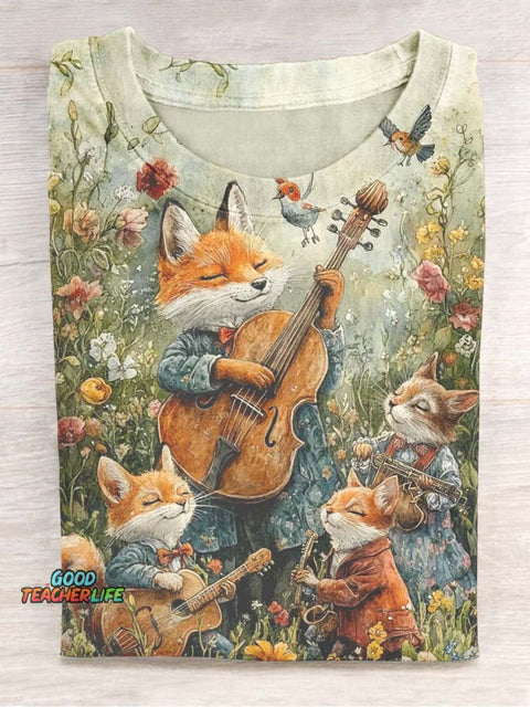 Unisex Cute Fox Recital Print Casual Short Sleeve T-Shirt