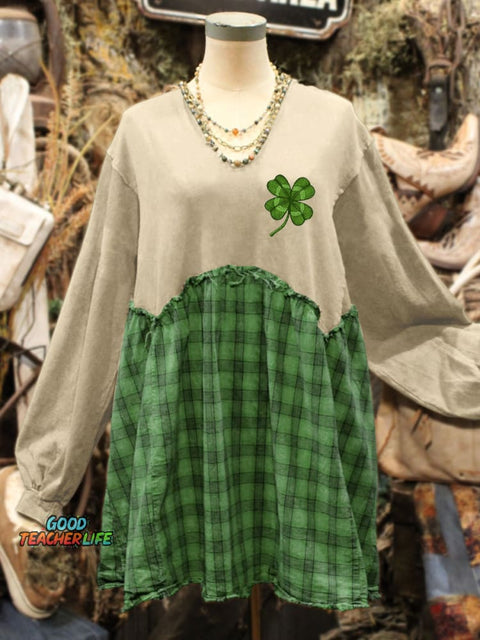 St. Patrick's Day Shamrock Art Print Plaid Stitching Sweatshirt